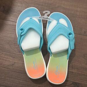 Clarks Aqua and Coral Slide Sandals